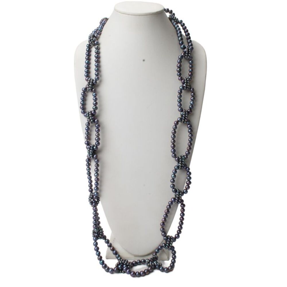 Designer Womens 925 Silver/18K Gold Tahitian Pearl Link Statement Necklace 44"